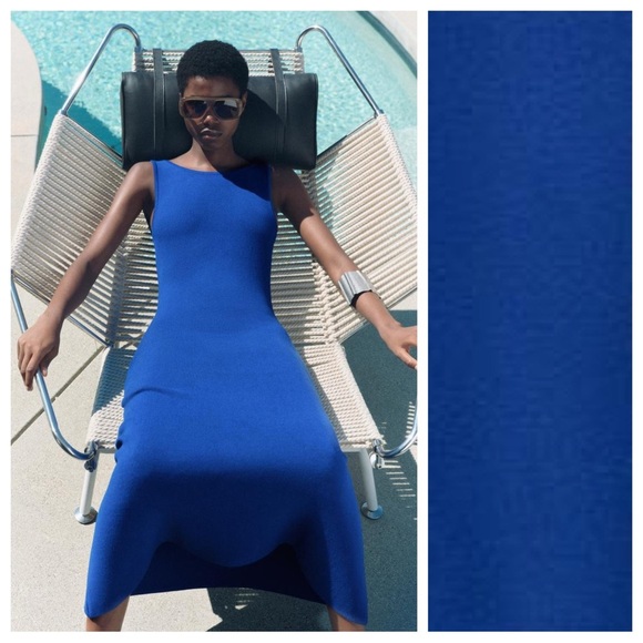 NWT. Zara Bluish Viscose Blend Knit Midi Dress with Open Back. Size M. - Picture 2 of 11